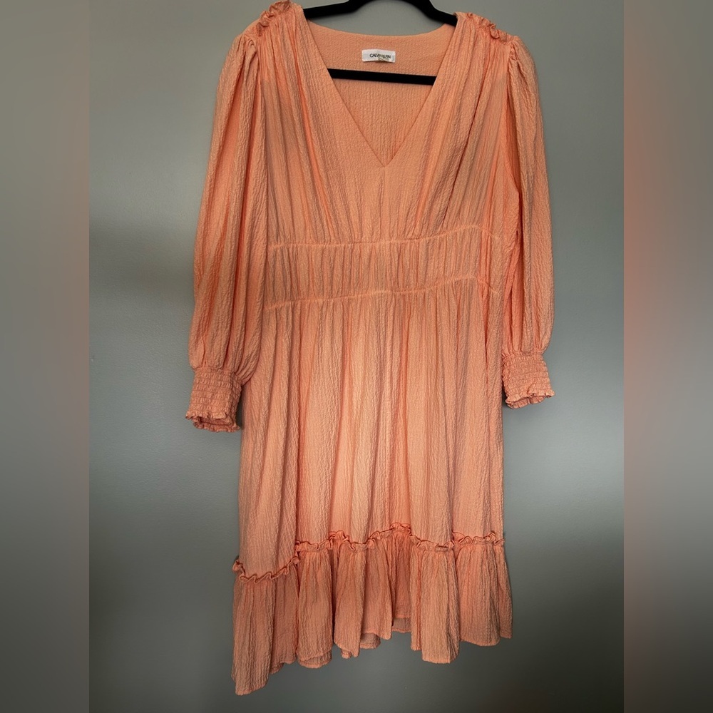 Calvin Klein Peach Tiered Midi Dress | Long Sleeve Smocked Cuffs | Size 16